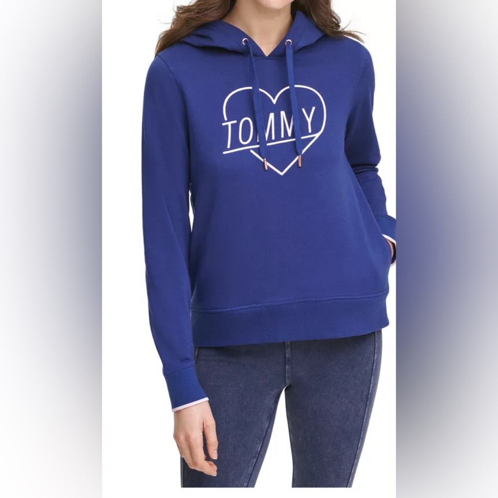 New Tommy Hilfiger Embroidered Heart Logo Hoodie cotton polyester deep blue top.